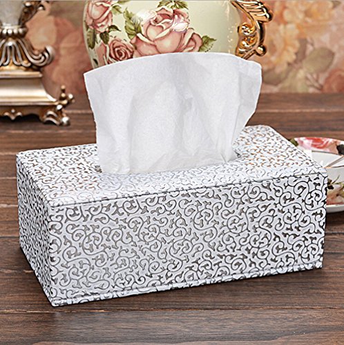 Hosaire 1X Caja de pañuelos faciales,Caja de Rectángulo Cuero Cuadrada Caja de Papel servilleta con decoración casera para hoteles,Accesorio de baño Size 25.5 * 14 * 9.5cm (Plata)