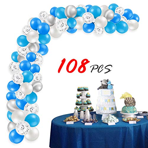 HOWAF 108Pcs Kit de guirnaldas con Globos, Globos de Confeti Azules y Blancos Globos de Helio Metalizados Plata Globos de látex para Bodas, Fiestas, Baby Shower niño, cumpleaños Decoraciones