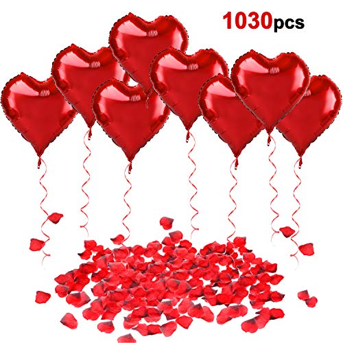 HOWAF 30 x18in Globos de Aluminio de corazón Rojo Globos de Helio y 1000 Piezas Pétalos de Rosa Roja de Seda para Fiesta de Bodas, Compromiso, San Valentín decoración