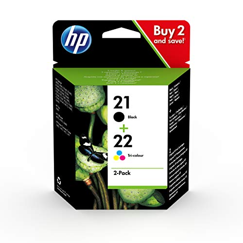 HP 21-22 SD367AE, Pack de 2, Cartuchos de Tinta Originales Negro y Tricolor, compatible con impresoras de inyección de tinta Deskjet Series D1000, D2000, F2000, F300, F4000 e Officejet Serie 4000