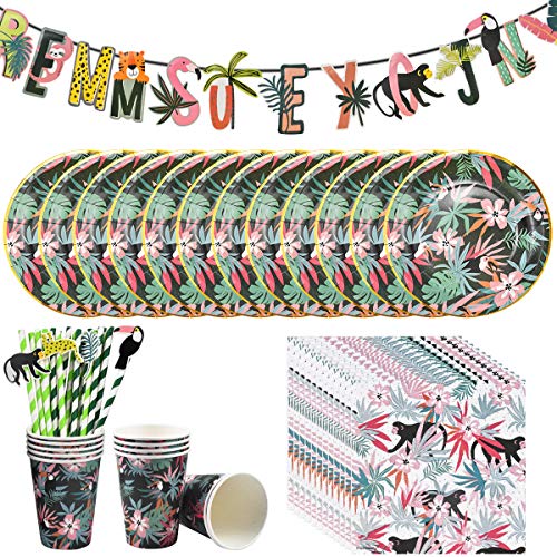 HQdeal Set Vajilla Desechable, 69pcs Suministros para Fiestas Tropical, con Servilletas Platos Cucharas Tenedores Pajas, fiesta Accesorios para infantil Mujeres Cumpleaños Baby Shower picnic