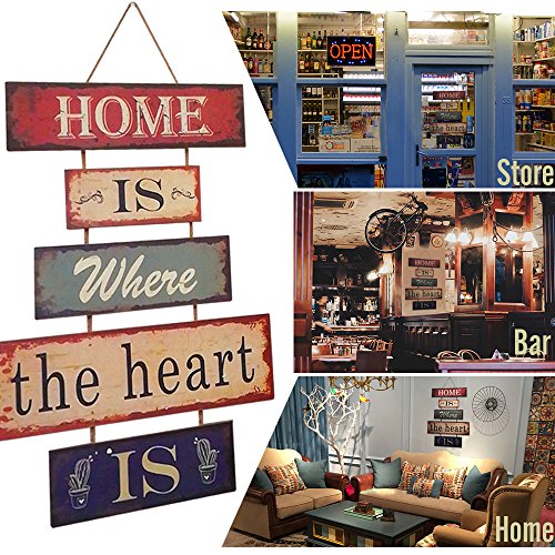 HUABEI Cartel Vintage de Madera para colgar al pared-HOME IS WHERE THE HEART IS