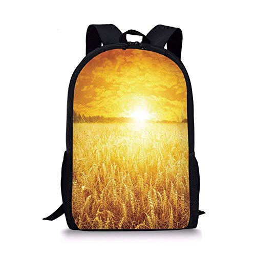 huatongxin Mochilas Escolares Decoración de la casa de la Granja, Puesta de Sol sobre el Campo de Trigo Paisaje del Campo en Verano Paisaje Rural idílico, Dorado para niños y niñas Mochila deportiv