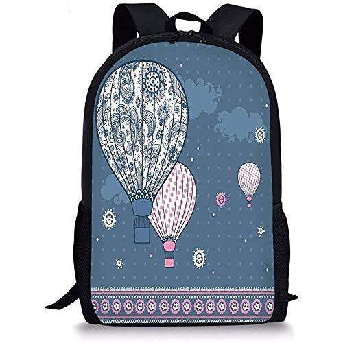 Hui-Shop Mochilas Escolares Retro, Globos aerostáticos con Lunares y Adornos étnicos asiáticos de Paisley Art, Pizarra Azul Rosa Claro para niños niñas