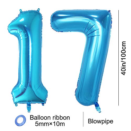 Huture 2 Globos Número 17 Figuras Globo Inflable de Helio Globos Grandes de Aluminio Mylar Globos Azul Gigantes Número Globos 40 Pulgadas para Fiesta de Cumpleaños decoración graduación XXL 100cm