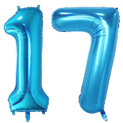 Huture 2 Globos Número 17 Figuras Globo Inflable de Helio Globos Grandes de Aluminio Mylar Globos Azul Gigantes Número Globos 40 Pulgadas para Fiesta de Cumpleaños decoración graduación XXL 100cm