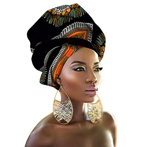 Hzjundasi Pañuelo con Estampado de Algodón de cera Africana para Mujer - Bufanda para la Cabeza Corbata de Estiramiento del Cabello Largo Turbante