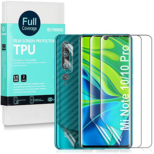 Ibywind [2 Piezas, Protector de Pantalla de Hidrogel para Mi Note 10/Mi Note 10 Pro,con Protector de Lente de Cámara,Atrás Pegatina Protectora Fibra de Carbono,[Admite la función de Huella Digital]