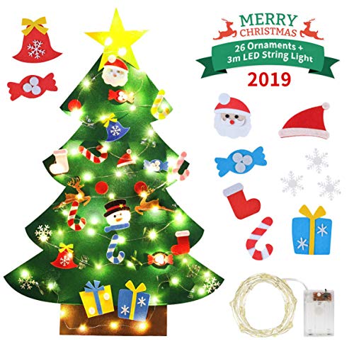 Idefair Árbol de Navidad de Fieltro DIY 26 Piezas de Adornos Desmontables con Luces de Cadena de 3,2 pies para Colgar en la Pared Decoraciones navideñas