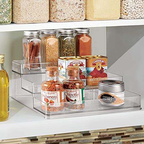 iDesign Organizador de cocina para especias, organizador de armarios grande de plástico con 3 niveles, práctico soporte especiero para especias y latas, transparente