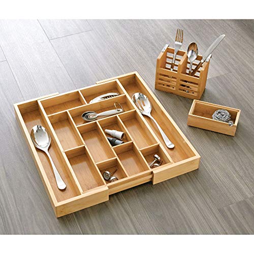 iDesign Organizador de cubiertos para encimera, armario o mesa de comedor, pequeño bote de bambú, porta cubiertos de cocina portátil con 2 compartimentos, beige