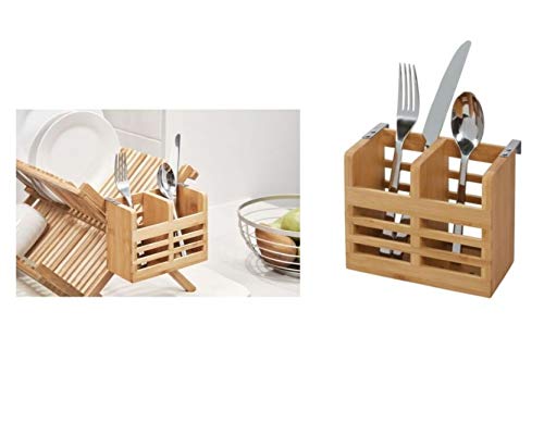 iDesign Organizador de cubiertos para encimera, armario o mesa de comedor, pequeño bote de bambú, porta cubiertos de cocina portátil con 2 compartimentos, beige