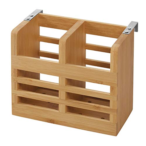 iDesign Organizador de cubiertos para encimera, armario o mesa de comedor, pequeño bote de bambú, porta cubiertos de cocina portátil con 2 compartimentos, beige