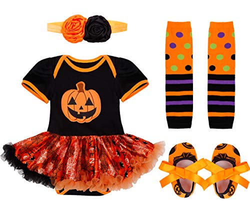 IEFIEL Vestido Calabaza para Bebe Niña Disfraz Halloween Cosplay Body Manga Cortas Conjunto Infantil Pelele con Tutú Banda de Cabeza Calientapiernas Zapatos Negro 0-3 meses