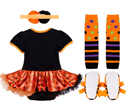 IEFIEL Vestido Calabaza para Bebe Niña Disfraz Halloween Cosplay Body Manga Cortas Conjunto Infantil Pelele con Tutú Banda de Cabeza Calientapiernas Zapatos Negro 0-3 meses