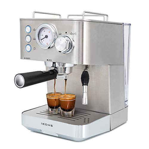 IKOHS Cafetera KAFFETA ESPRESS - Cafetera Espress Semiautomática para Espresso y Cappuccinos, Presión 20 Bares, Capacidad 1,25 L, 1100W, Vaporizador Orientable, Acabado Acero Inoxidable (Plateado)