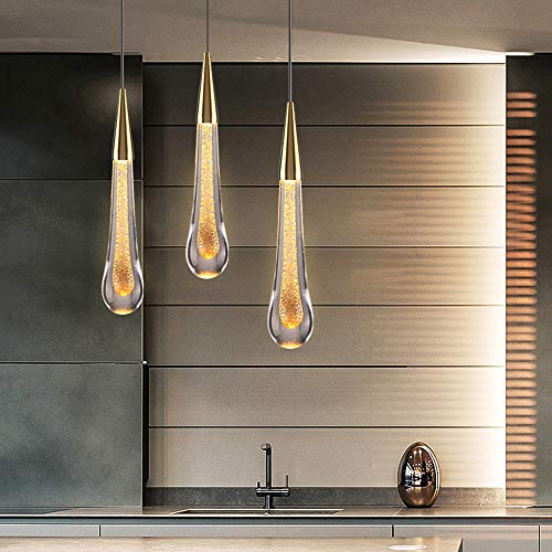 Iluminación LED colgante de cristal contemporáneo, moderno gota de lluvia colgante ajustable luz pendiente, latón acabado cepillado Claro techo de la lámpara, for la cocina Comedor de noche Decoración