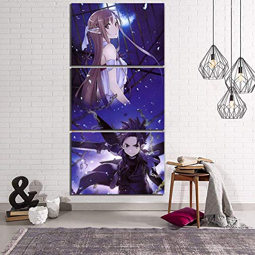 Impresiones sobre lienzo 3 piezas Sword Art Online Poster Pictures Picture HD Canvas Art Pinturas de pared para la decoración del hogar-90X50CM,With Frame