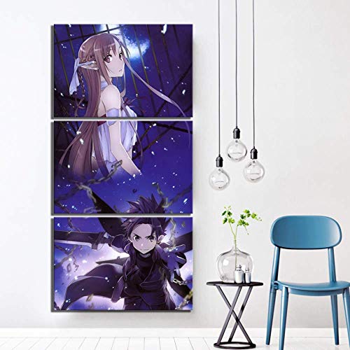 Impresiones sobre lienzo 3 piezas Sword Art Online Poster Pictures Picture HD Canvas Art Pinturas de pared para la decoración del hogar-90X50CM,With Frame