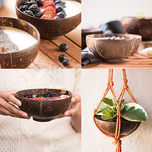 Ines & Hermes - Juego de cuencos de coco con soporte, 4 unidades, para buda Bowls, cereales o decoración, hechos a mano y respetuosos con el medio ambiente