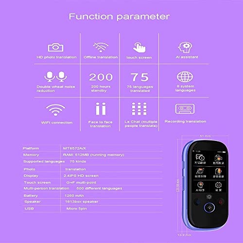 Intelligent Device Language Translator, Traductor De Dispositivos, AI Inteligente Dispositivo Traductor De La Lengua Con 2,4 Pulgadas De Alta Definición De Pantalla Táctil Soporta 75 Idiomas, 121 * 10