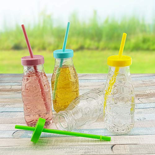 Invero - Juego de 6 vasos con tapas de colores pastel y pajitas a rayas – ideal para barbacoas, fiestas de verano, picnics y más (320 ml por cristal)