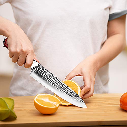 IPBEN Cuchillo de chef de 8 pulgadas Cuchillo de cocina japonés profesional con acero al damasco de alto carbono, hoja ultra afilada con mango anticorrosivo, cuchillos universales (Rojo, 8 pulgadas)