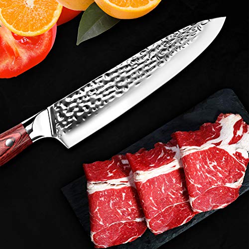 IPBEN Cuchillo de chef de 8 pulgadas Cuchillo de cocina japonés profesional con acero al damasco de alto carbono, hoja ultra afilada con mango anticorrosivo, cuchillos universales (Rojo, 8 pulgadas)