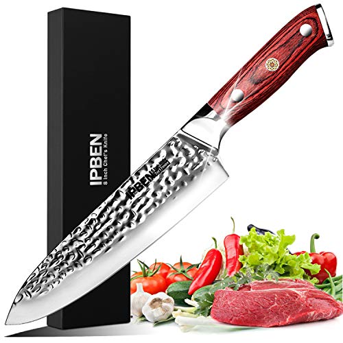 IPBEN Cuchillo de chef de 8 pulgadas Cuchillo de cocina japonés profesional con acero al damasco de alto carbono, hoja ultra afilada con mango anticorrosivo, cuchillos universales (Rojo, 8 pulgadas)