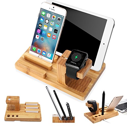 iPhone Soporte, XPhonew Bamboo Cargador Soporte de soporte de cuna para estación de acoplamiento para iPhone iPad Apple Watch 2 3 4 iWatch 42mm & 38mm All Models Samsung LG Smartphones and Tablets