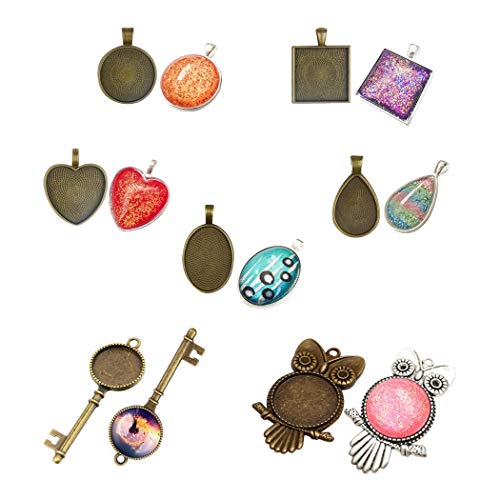 iSuperb 35 Piezas Bandejas Colgantes Metal Bisel DIY Joyeria Regalo Crafting Búho,Llave,Redondo,Ovalado,Corazón,Lágrima,Cuadrado Mini Kit Con un 1 Molde de Resina de Silicona