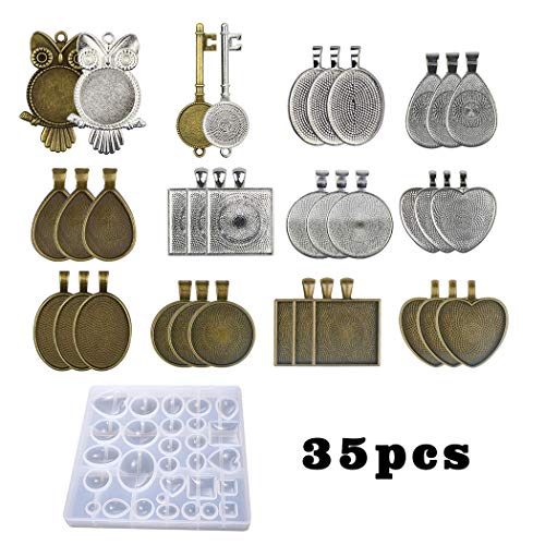 iSuperb 35 Piezas Bandejas Colgantes Metal Bisel DIY Joyeria Regalo Crafting Búho,Llave,Redondo,Ovalado,Corazón,Lágrima,Cuadrado Mini Kit Con un 1 Molde de Resina de Silicona