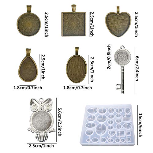 iSuperb 35 Piezas Bandejas Colgantes Metal Bisel DIY Joyeria Regalo Crafting Búho,Llave,Redondo,Ovalado,Corazón,Lágrima,Cuadrado Mini Kit Con un 1 Molde de Resina de Silicona