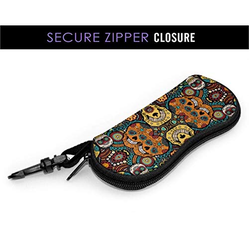 IUBBKI Estuche para anteojos con calaveras de azúcar coloridas para mujeres y hombres, Estuche blando para gafas de sol portátil con mosquetón