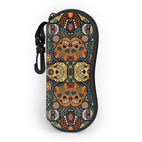 IUBBKI Estuche para anteojos con calaveras de azúcar coloridas para mujeres y hombres, Estuche blando para gafas de sol portátil con mosquetón