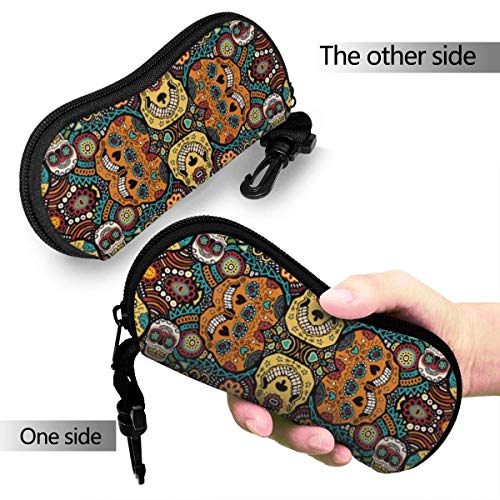 IUBBKI Estuche para anteojos con calaveras de azúcar coloridas para mujeres y hombres, Estuche blando para gafas de sol portátil con mosquetón