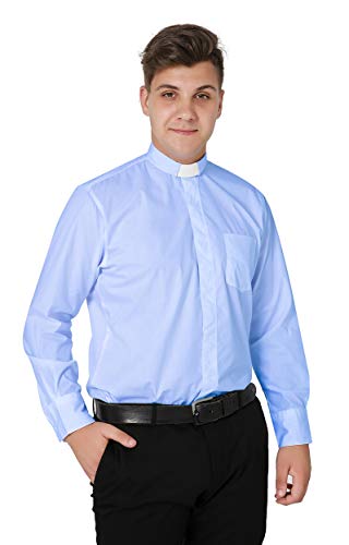 IvyRobes Camisa Cura de Clero de Manga Larga para Hombre Camisa Alzacuellos con Cuello de Lengüeta Ropa Sacerdote Azul Cielo