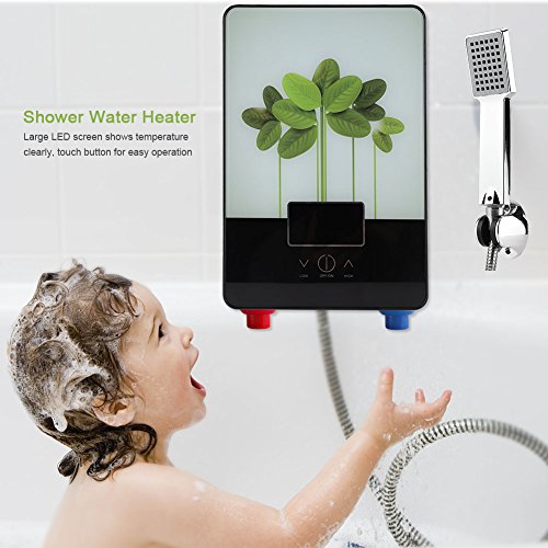 Jadpes Calentador de Agua sin Tanque, 220V 6500W Estilo de Hojas Verdes Calentador de Agua Caliente eléctrico instantáneo sin Tanque para baño Ducha Agua Caliente - Montaje en Estante, Pared o Piso