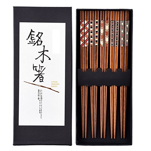 Japonés Palillos Palillos de madera 5 pares reutilizable Natural lavable para lavavajillas madera palillos chinos vajilla Set con caja de lujo negro hecho a mano