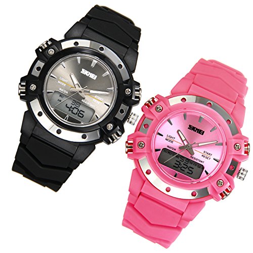 JewelryWe 2pcs Relojes para Niños Niñas Analógico Reloj Deportivo Digital para Aire Libre, Reloj Infantil De Colores Negro Rosa Pareja, 5ATM A Prueba de Agua Buen Regalo 2017