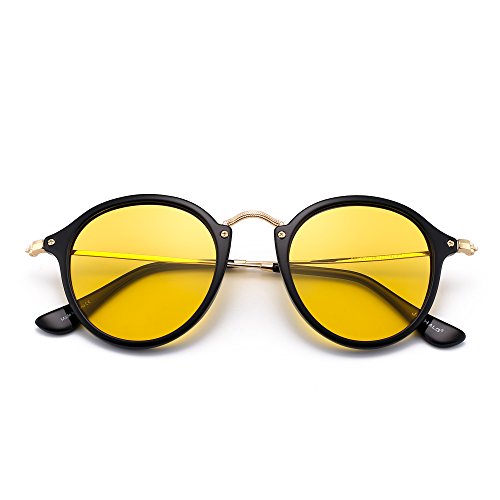 JIM HALO Gafas de Sol Polarizadas Retro Redondas Lentes de Espejo Pequeño Circulo Tintado Hombre Mujer(Negro Brillante/Amarillo)