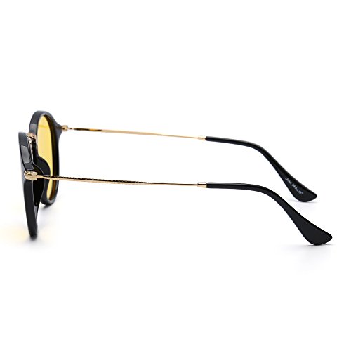 JIM HALO Gafas de Sol Polarizadas Retro Redondas Lentes de Espejo Pequeño Circulo Tintado Hombre Mujer(Negro Brillante/Amarillo)
