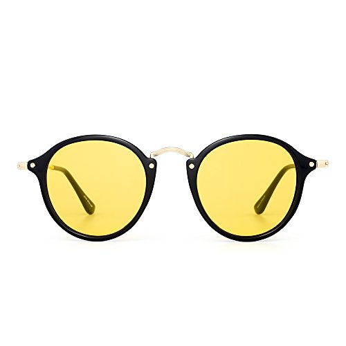JIM HALO Gafas de Sol Polarizadas Retro Redondas Lentes de Espejo Pequeño Circulo Tintado Hombre Mujer(Negro Brillante/Amarillo)