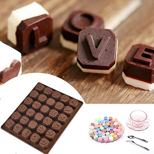 Jinlaili Moldes Bombones Silicona, DIY Alfabeto Moldes Chocolate, Postres Letras Molde, Grado Alimentaria Hornear Molde para Chocolate Caramelos Cubitos Hielo - Marrón