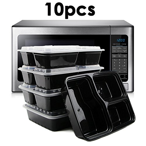 JJPRIME - Flash ventas - 10 x reutilizable 3 compartimentos microondas apilables Comida Prep recipientes de plástico caja de almacenamiento de alimentos Set