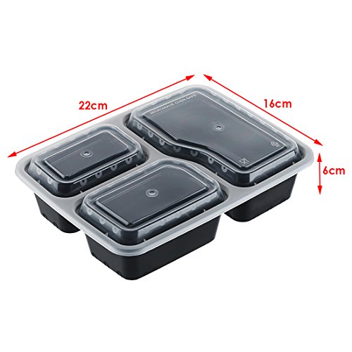 JJPRIME - Flash ventas - 10 x reutilizable 3 compartimentos microondas apilables Comida Prep recipientes de plástico caja de almacenamiento de alimentos Set