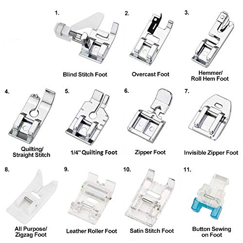 JOYISEN 11 Piezas Prensatelas Pie de Maquina de Coser de Vástago Bajo con Caja de Plástico Juego de Pprensatelas para Hermano Cantante Janome Toyota