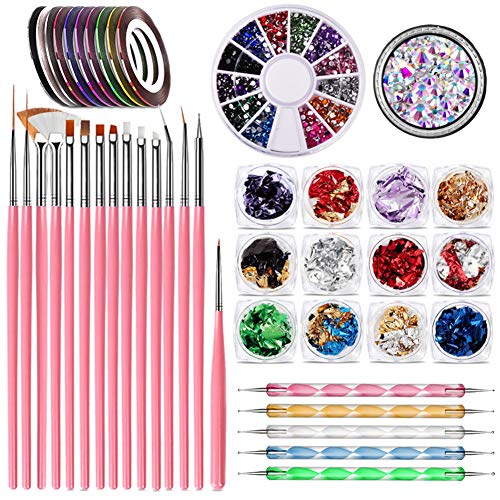 JOYJULY Diseños para uñas Utensilios para decorar uñas Kits de decoración con 15 Cepillos para uñas,12 color Lámina Paillette Flake ,10 Cintas de rayas,5 herramienta de punteado,2 caja Pedrería