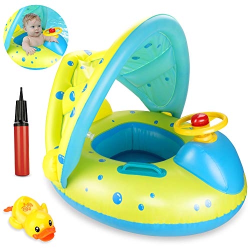 joylink Flotador Hinchable Bebé, Piscina Barco Inflable Flotador con Toldo y Volante, Anillo de Natación Baby Swim Float para Bebés Niños de 1 Años y Más