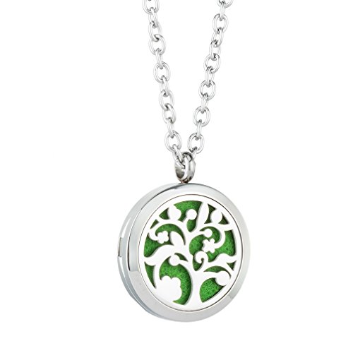 joymiao Árbol de la Vida Aromaterapia Difusor de Aceite Esencial Locket Collar 316L Surgical Grade Joyas de Acero Inoxidable 24"Cadena con 8 Felt Pads de Color